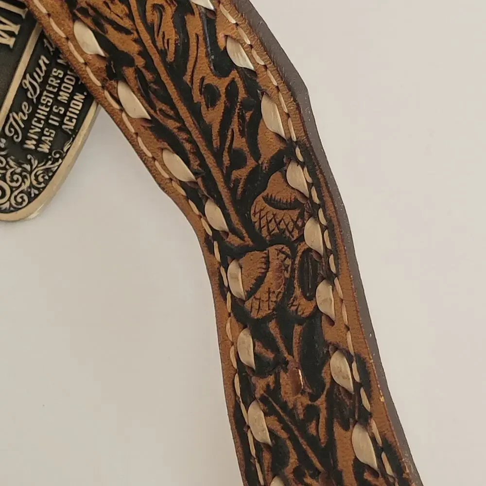 Nocona Tooled Leather Belt Size 34 Buckstitch Personalized JIM Winchester Buckle